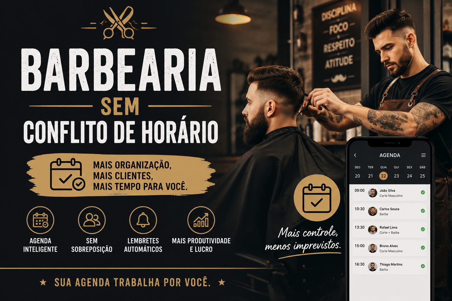 Agenda organizada de barbearia sem choque de horários exibida no celular